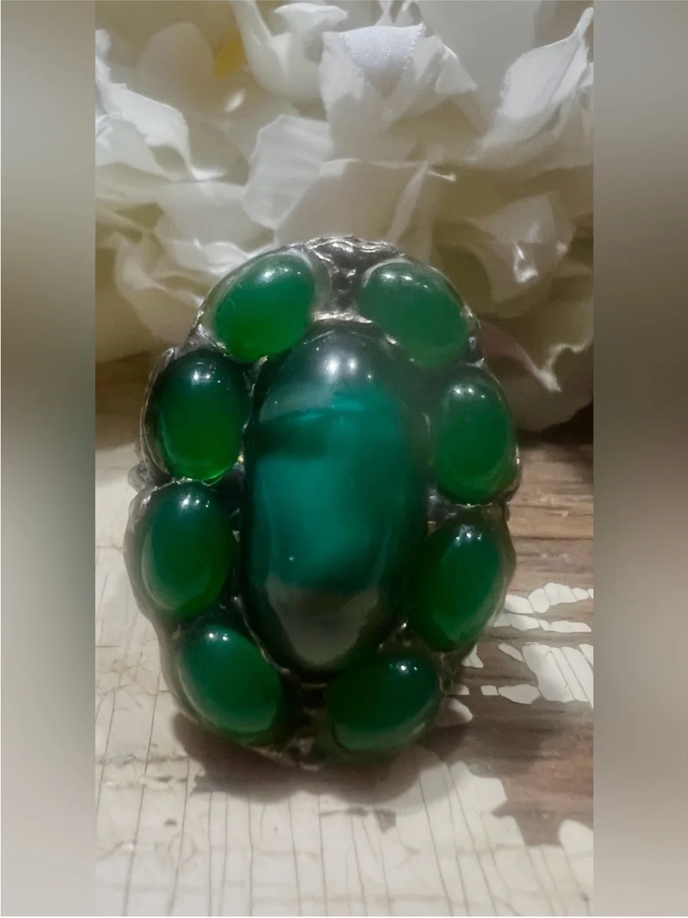 Antique Green Chalcedony Ring W Green Gem Cluster Handcrafted in Sterling Metal